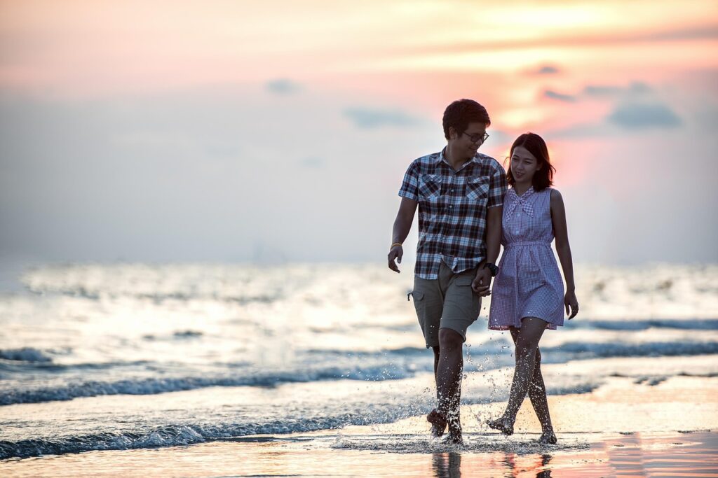 happy valentines day, nature, couple, holding hands, beach, lovers, affection, walk, walking, together, walking together, asian couple, shore, seashore, affectionate, happy couple, love, outdoor, smiling, relationship, pair, girl, sea, ocean, seaside, people, water, asia
